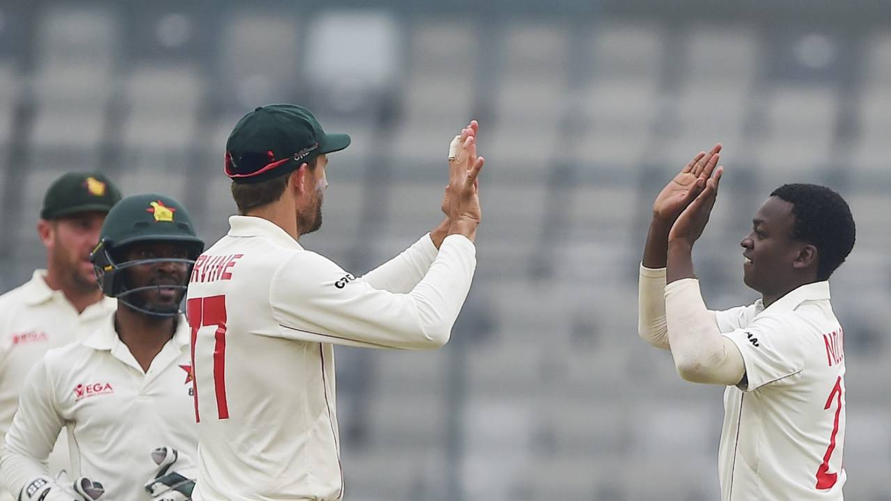 Ainsley Ndlovu celebrates a wicket, Bangladesh v Zimbabwe, Only Test, Dhaka, 3rd day, February 24, 2020