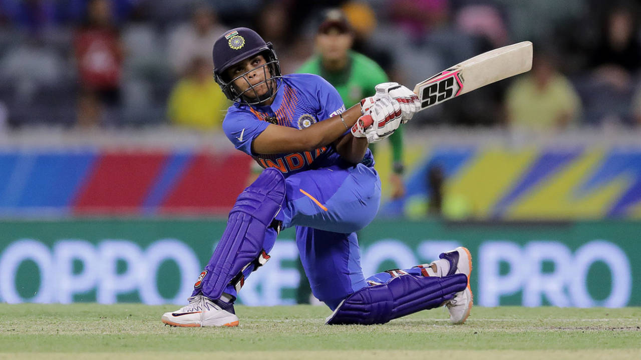 Veda Krishnamurthy sweeps during her cameo, India v Bangladesh, Women's T20 World Cup, Perth, February 24, 2020