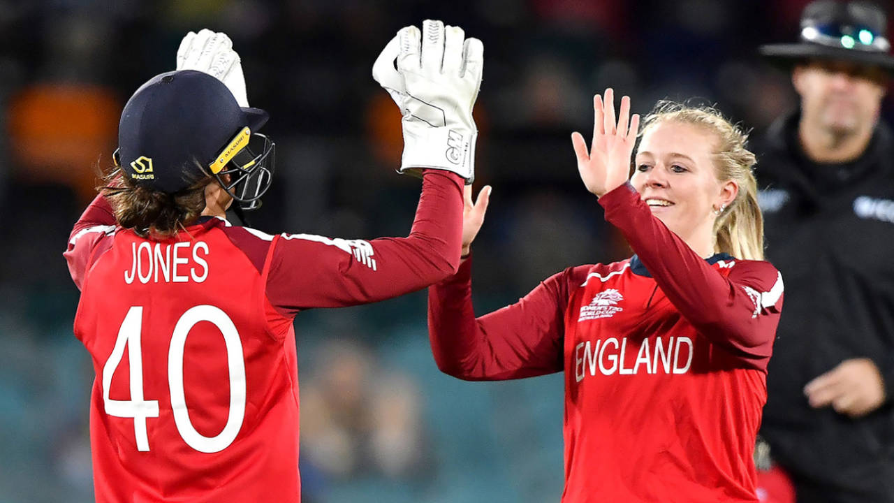 Sarah Glenn celebrates a wicket with Amy Jones&nbsp;&nbsp;&bull;&nbsp;&nbsp;AFP via Getty Images
