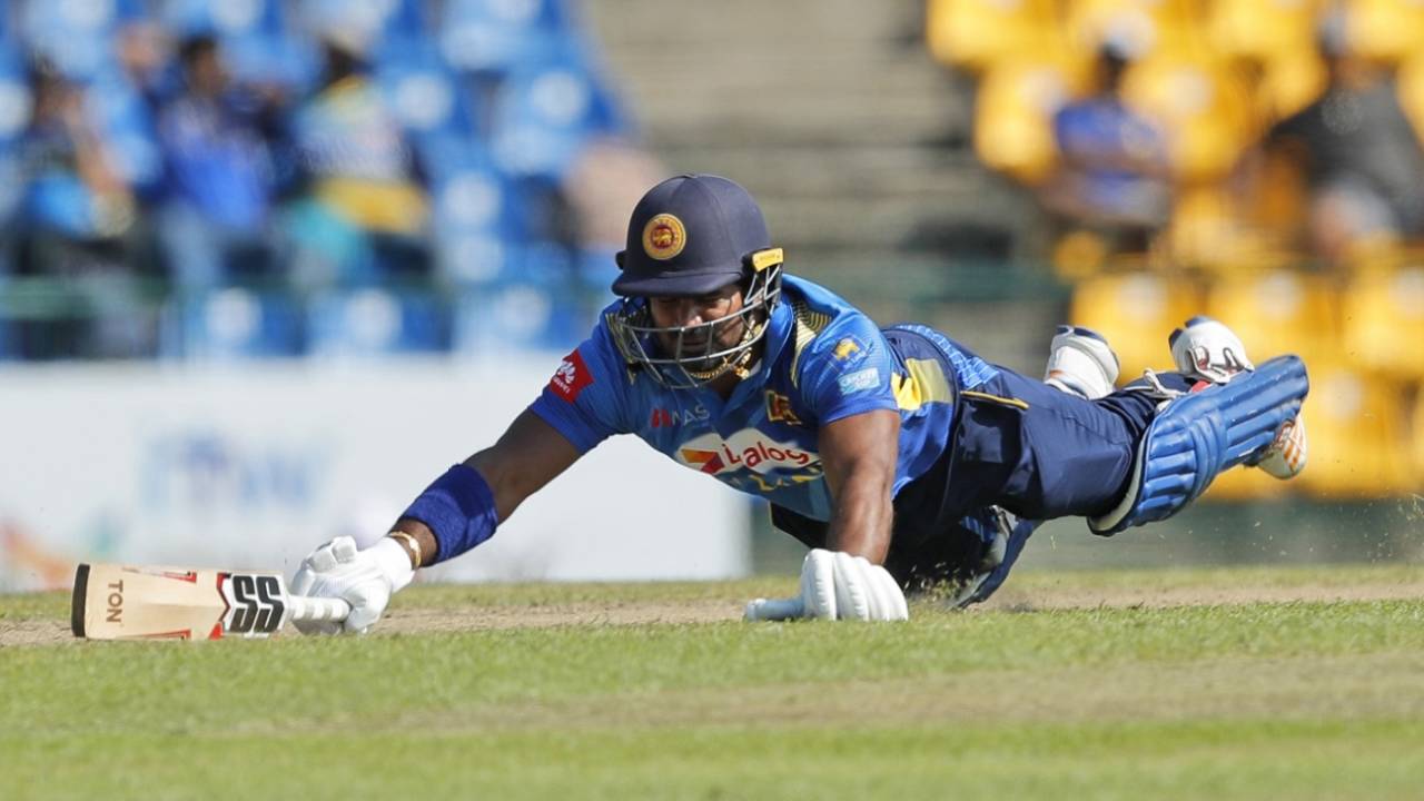 Kusal Perera dives in to reach the crease, Sri Lanka v West Indies, 3rd ODI, Pallekele, March 1, 2020