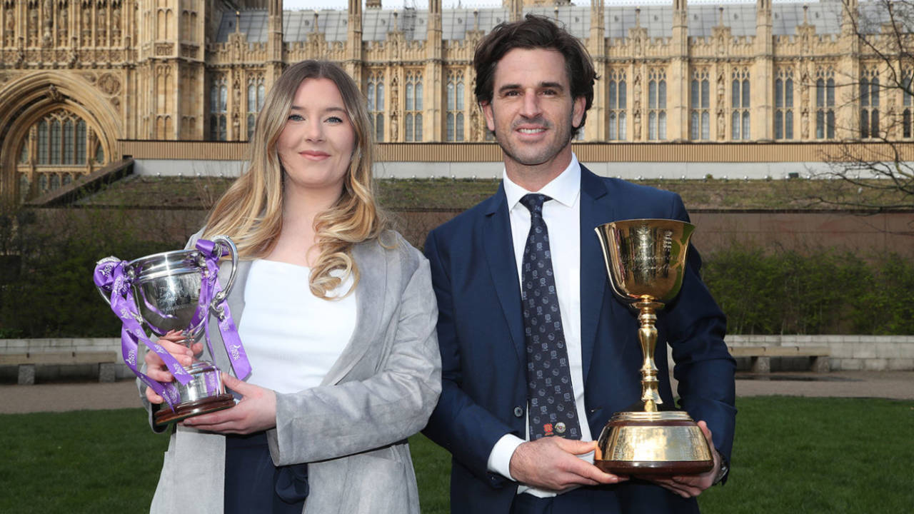 Lauren Griffiths and Ryan ten Doeschate with the Women's One Day Cup and County Championship trophies&nbsp;&nbsp;&bull;&nbsp;&nbsp;Lord's Taverners
