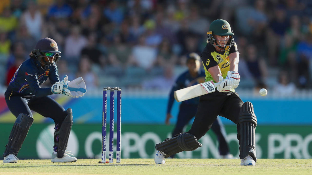Meg Lanning swipes at one on the off side, Australia v Sri Lanka, Women's T20 World Cup, Group A, Perth, February 24, 2020