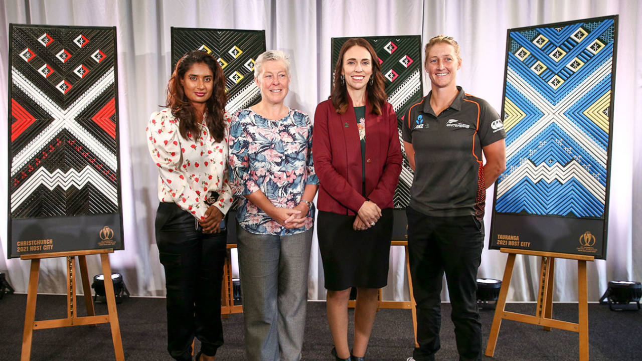 New Zealand Prime Minister Jacinda Ardern with Sophie Devine, Mithali Raj and Debbie Hockley at the World Cup launch&nbsp;&nbsp;&bull;&nbsp;&nbsp;Getty Images