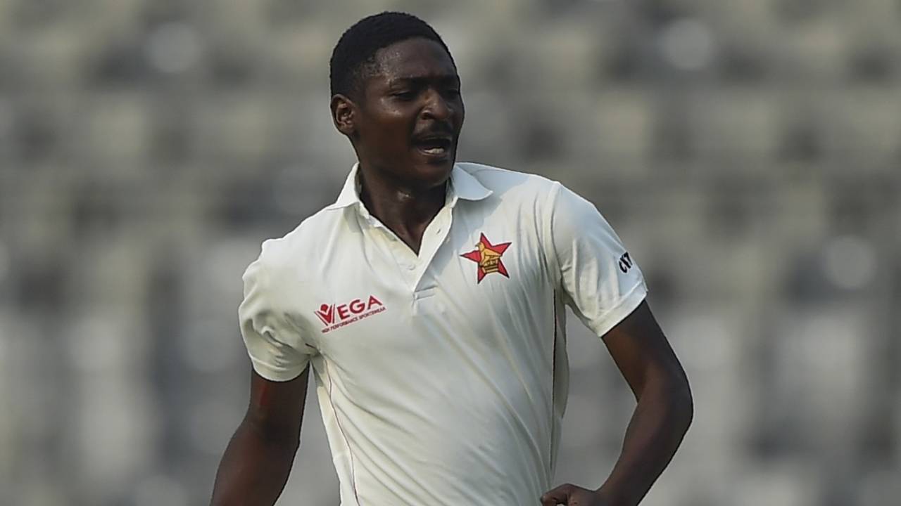 Charlton Tshuma is pumped after picking up his first Test wicket, Bangladesh v Zimbabwe, Only Test, Dhaka, 2nd day, February 23, 2020