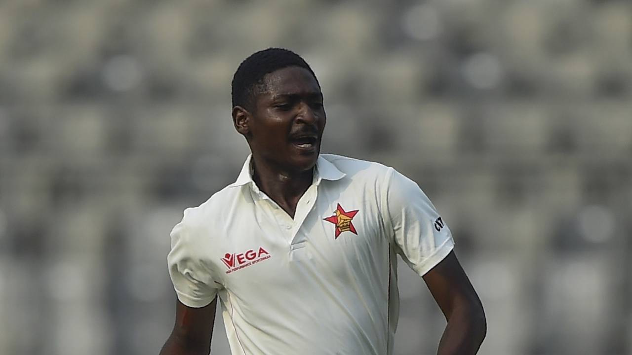 Charlton Tshuma is pumped after picking up his first Test wicket