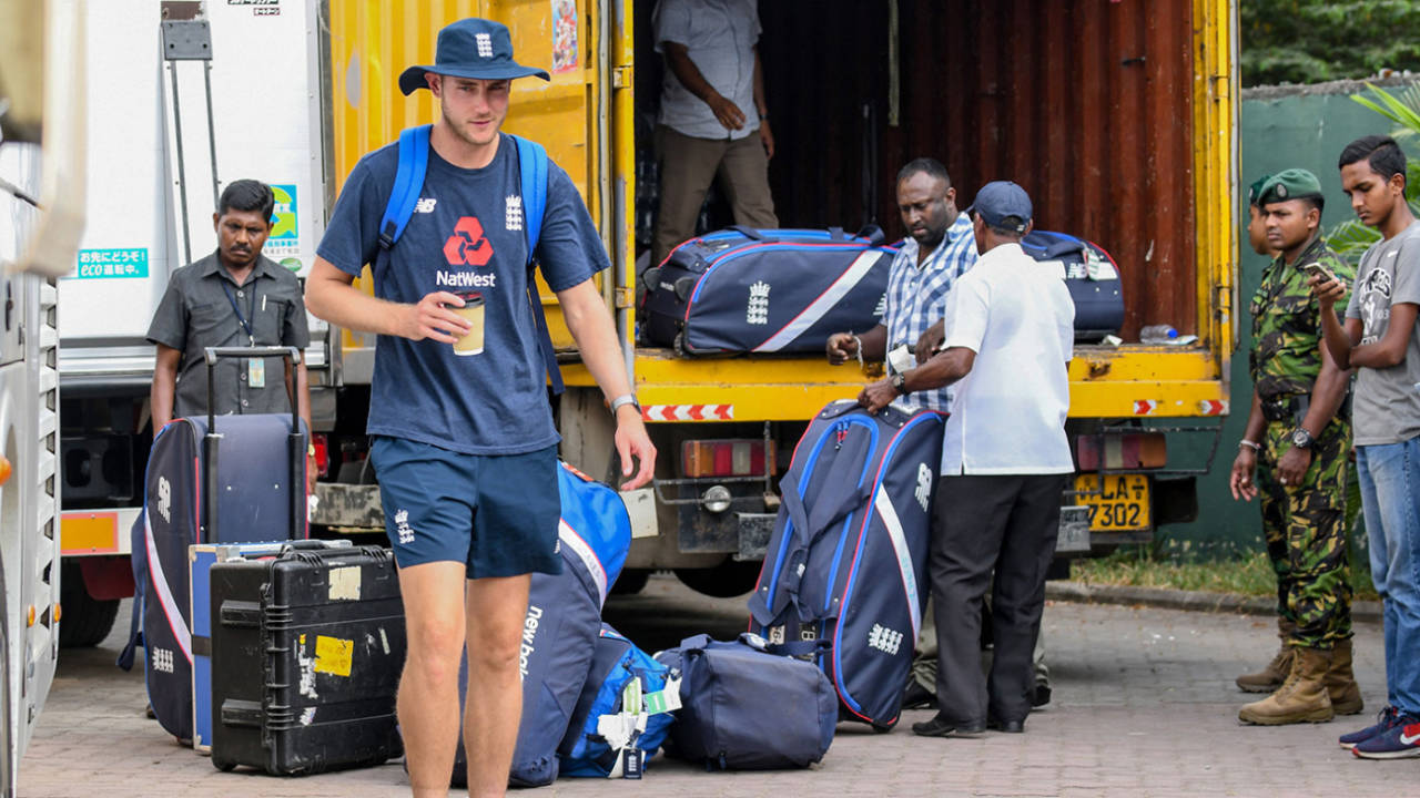 Stuart Broad heads for the team bus after England's tour match in Sri Lanka came to a premature end&nbsp;&nbsp;&bull;&nbsp;&nbsp;AFP via Getty Images