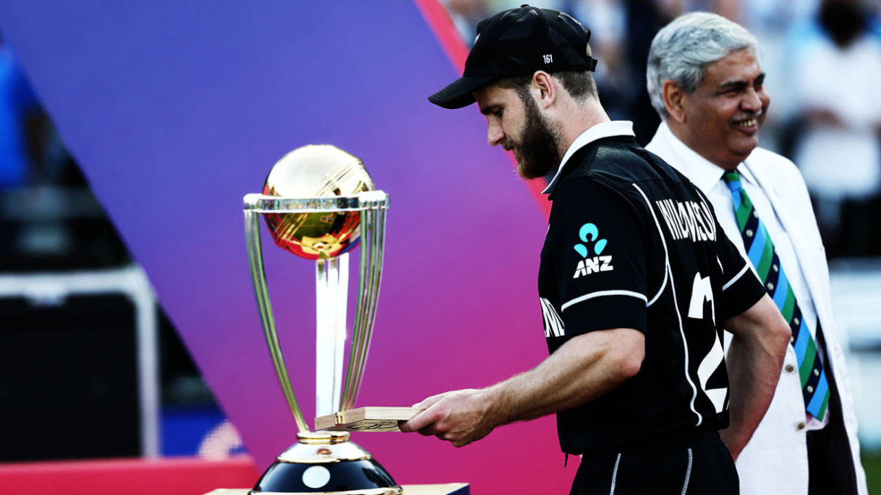 Kane Williamson walks past the World Cup trophy, England v New Zealand, World Cup 2019, Lord's, July 14, 2019