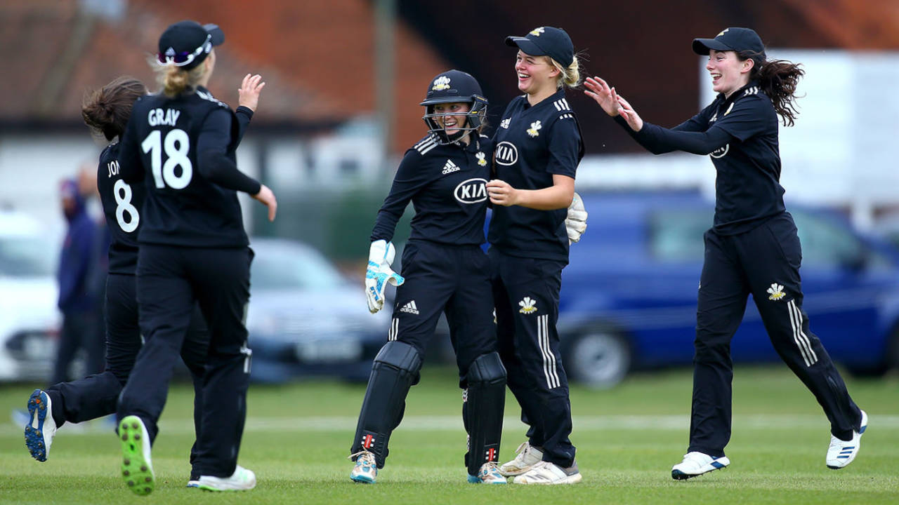 Surrey's players celebrate a wicket, Surrey v Lancashire, Women's County Championship, Guildford, May 6, 2019
