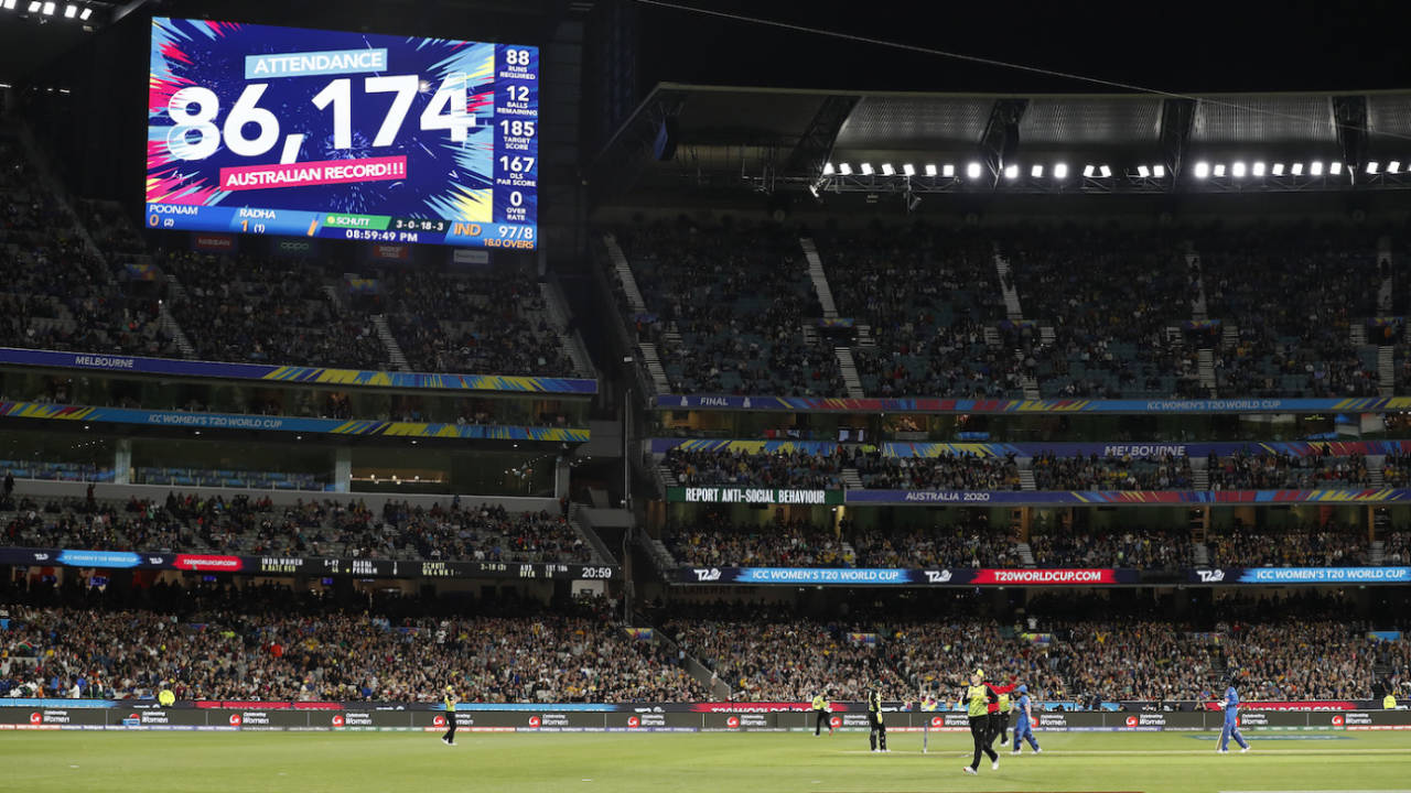 The crowd at the MCG for the Women's T20 World Cup final broke the record for the most number of people attending a women's sporting event in Australia&nbsp;&nbsp;&bull;&nbsp;&nbsp;Getty Images