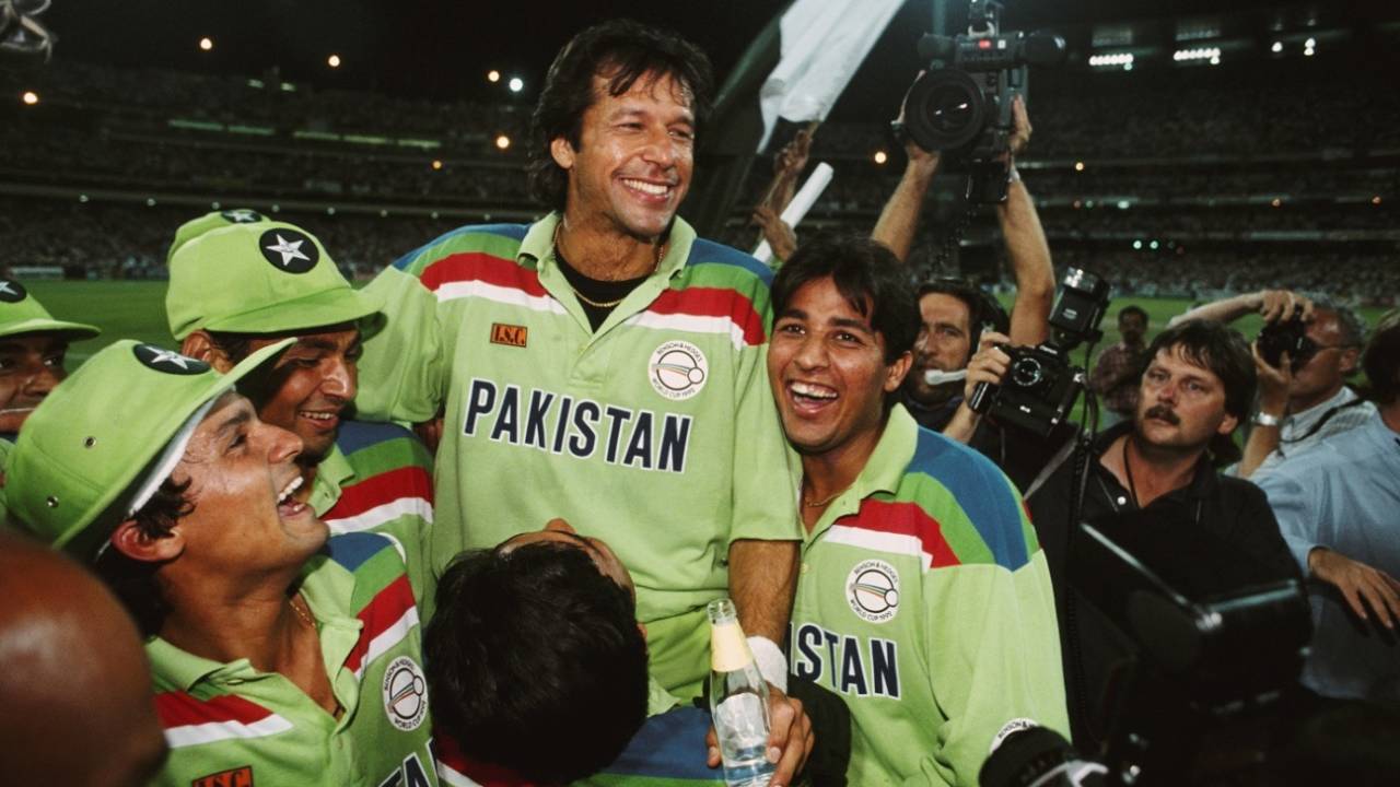 His team-mates hoist Imran Khan on their shoulders, England v Pakistan, World Cup final, Melbourne, March 25, 1992