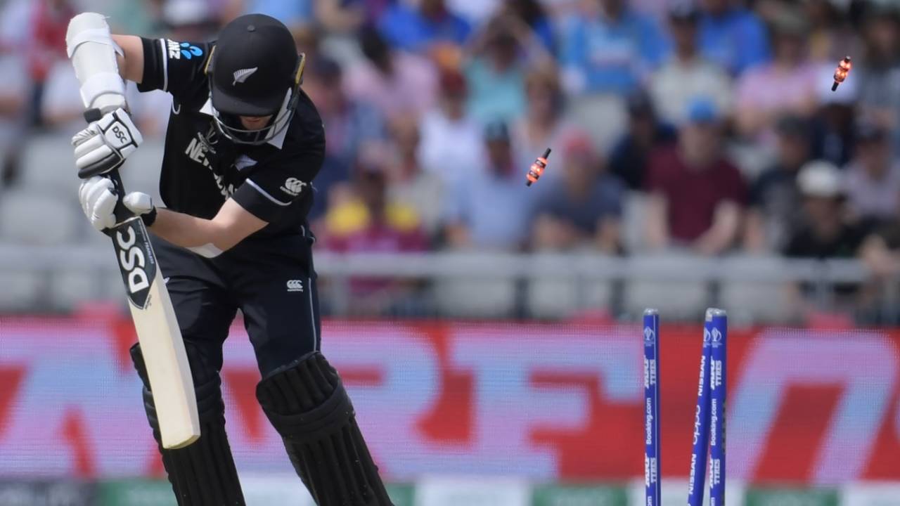 Colin Munro gets bowled by Sheldon Cottrell, New Zealand v West Indies, World Cup 2019, Manchester, June 22, 2019