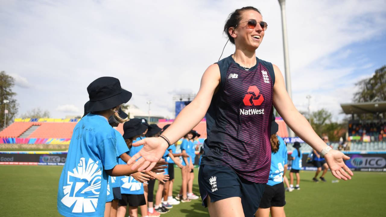 Tammy Beaumont takes part in a clinic with school children, during the Women's T20 World Cup, Manuka Oval, Canberra, Australia, February 25, 2020