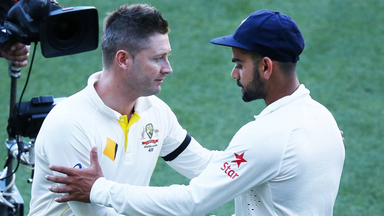 Michael Clarke and Virat Kohli shake hands, Australia v India, 1st Test, Adelaide, 5th day, December 13, 2014