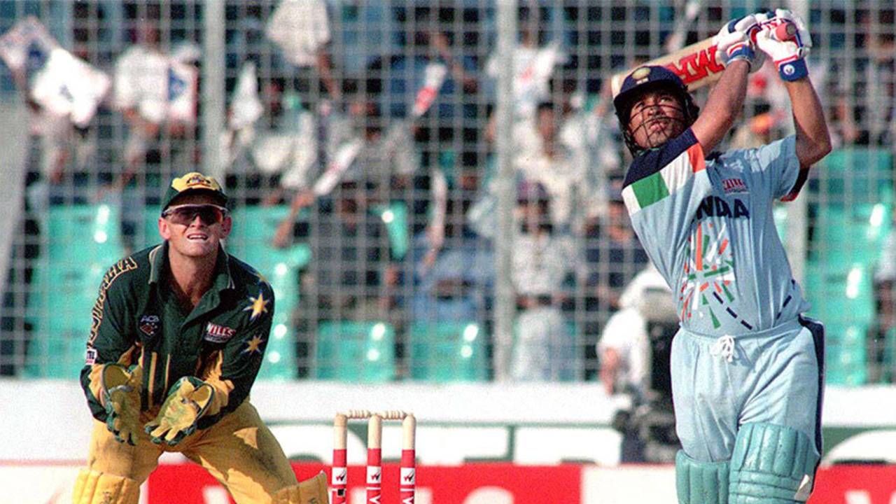 Sachin Tendulkar launches a big one down the ground, India v Australia, 3rd quarterfinal, Wills International Cup, Dhaka, October 28, 1998 