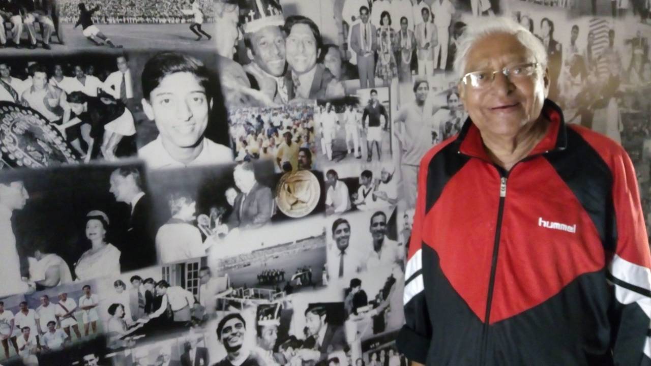 Chuni Goswami poses in front of his wall of memories, January 4, 2019