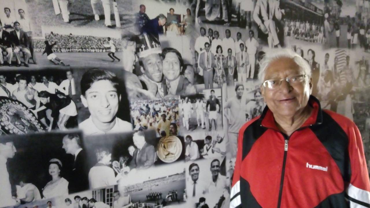 Chuni Goswami poses in front of his wall of memories, January 4, 2019
