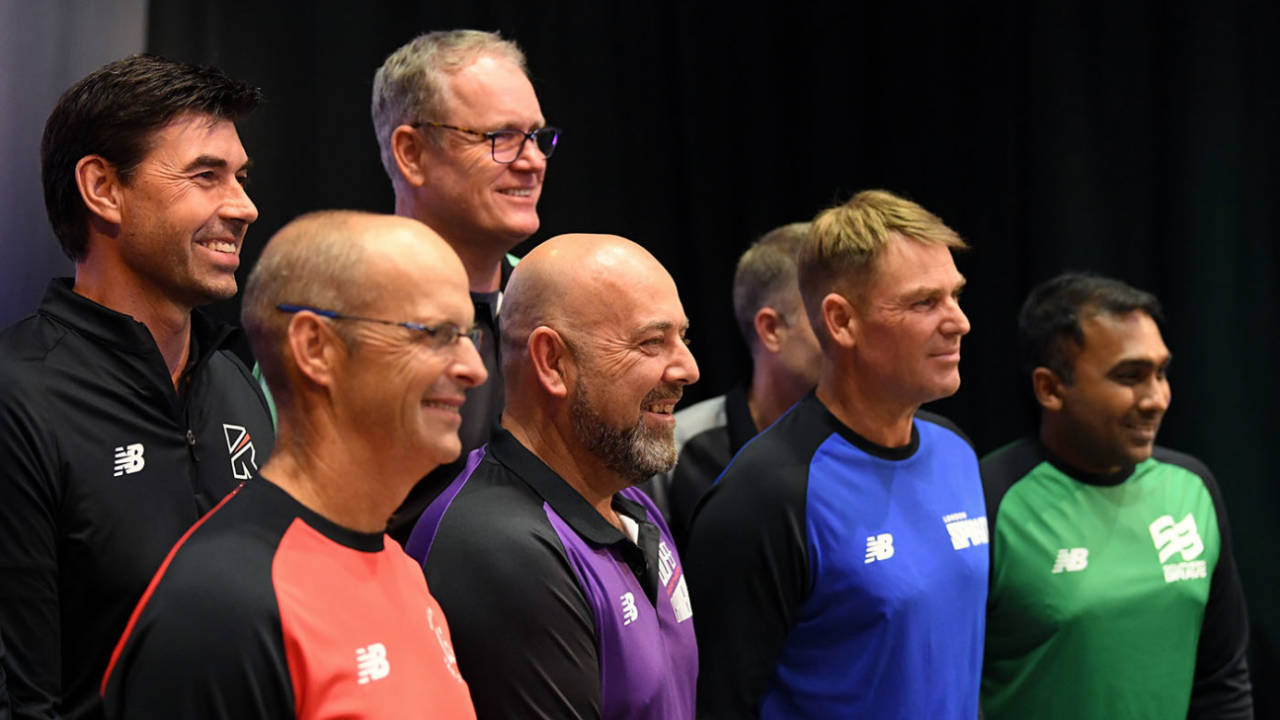 Head coaches Stephen Fleming, Gary Kirsten, Shane Warne, Darren Lehmann, Mahela Jayawardene and Tom Moody following the Hundred draft