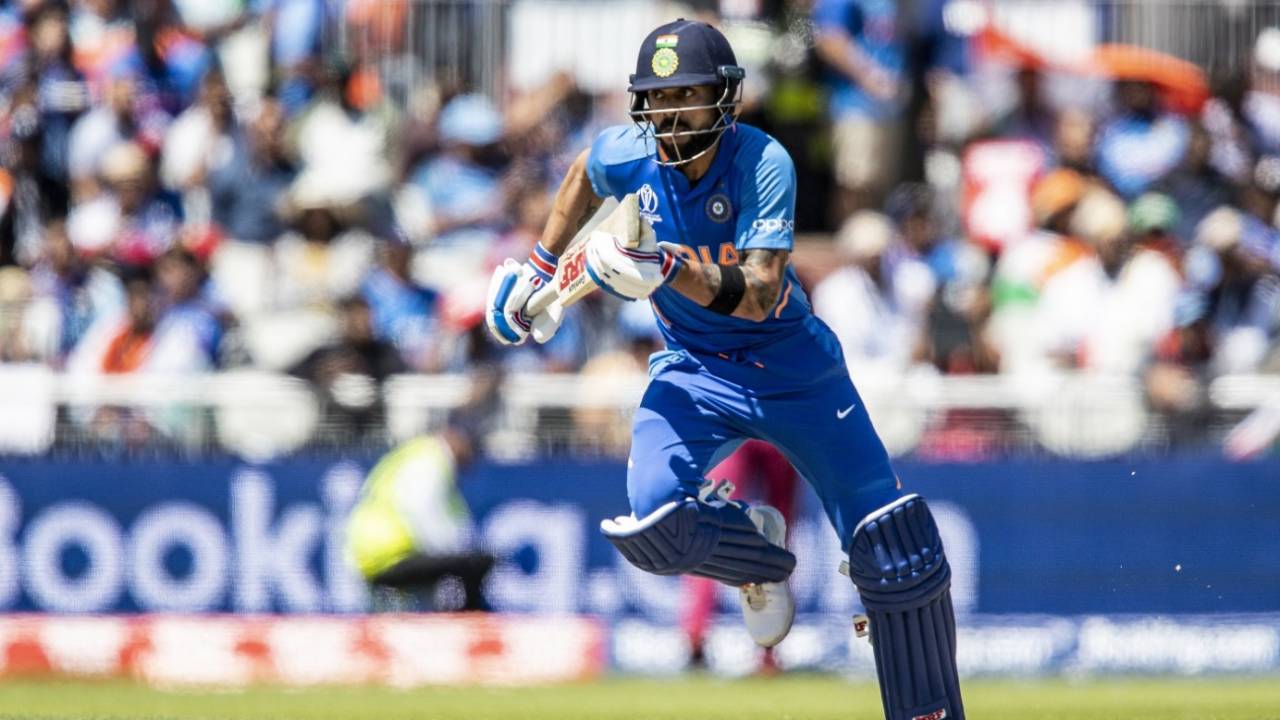 Virat Kohli sets off for a run, India v West Indies, World Cup 2019, Old Trafford, June 27, 2019