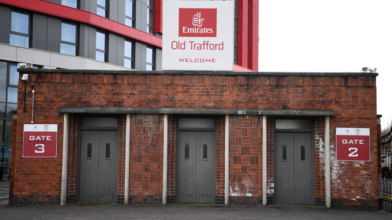 The entrance gates are firmly shut at Lancashire's stadium Emirates Old Trafford due to the Covid-19 pandemic, March 31, 2020