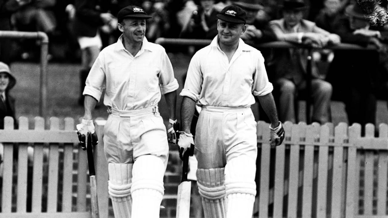 Don Bradman and Stan McCabe walk out to bat during Australia's 1938 tour