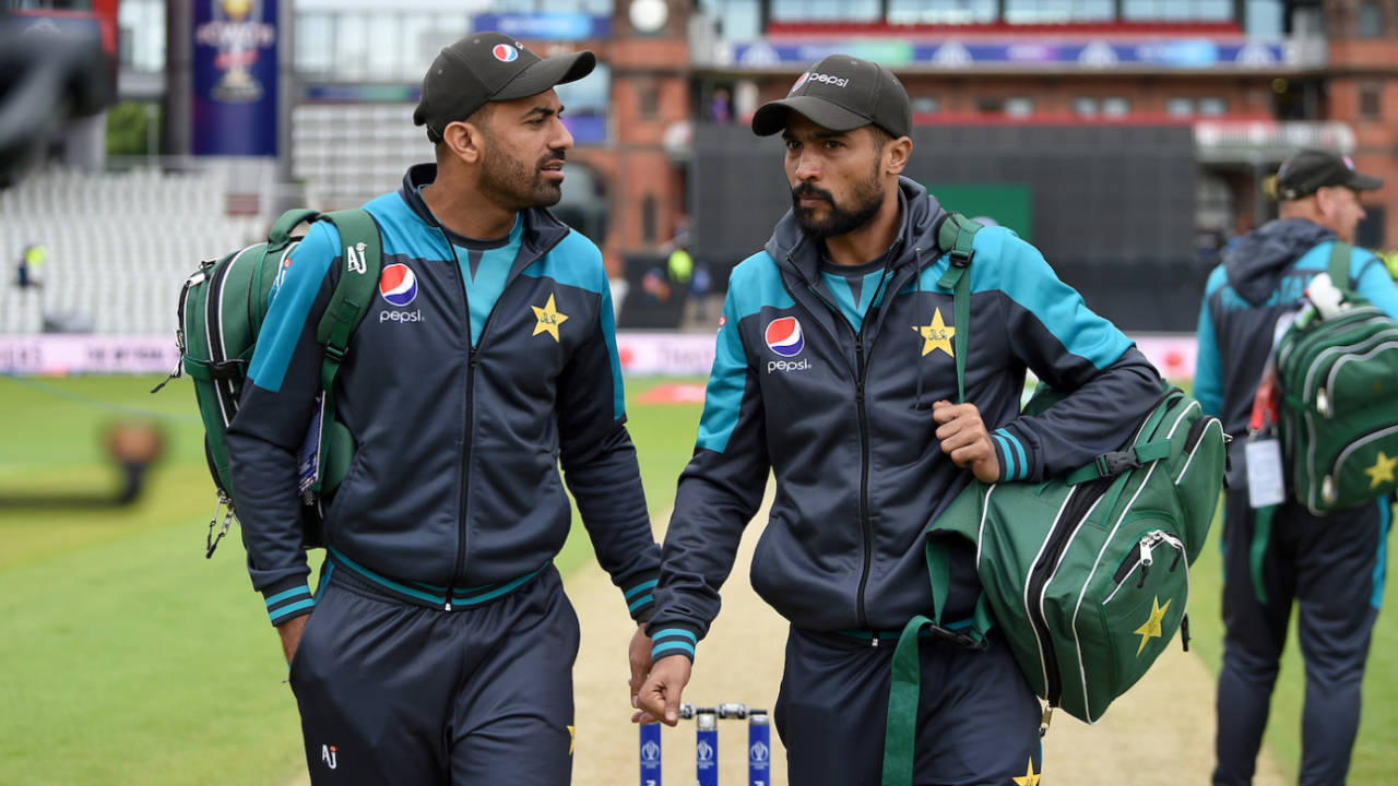 Wahab Riaz and Mohammad Amir take a walk before the match, India v Pakistan, World Cup 2019, Old Trafford, June 16, 2019 
