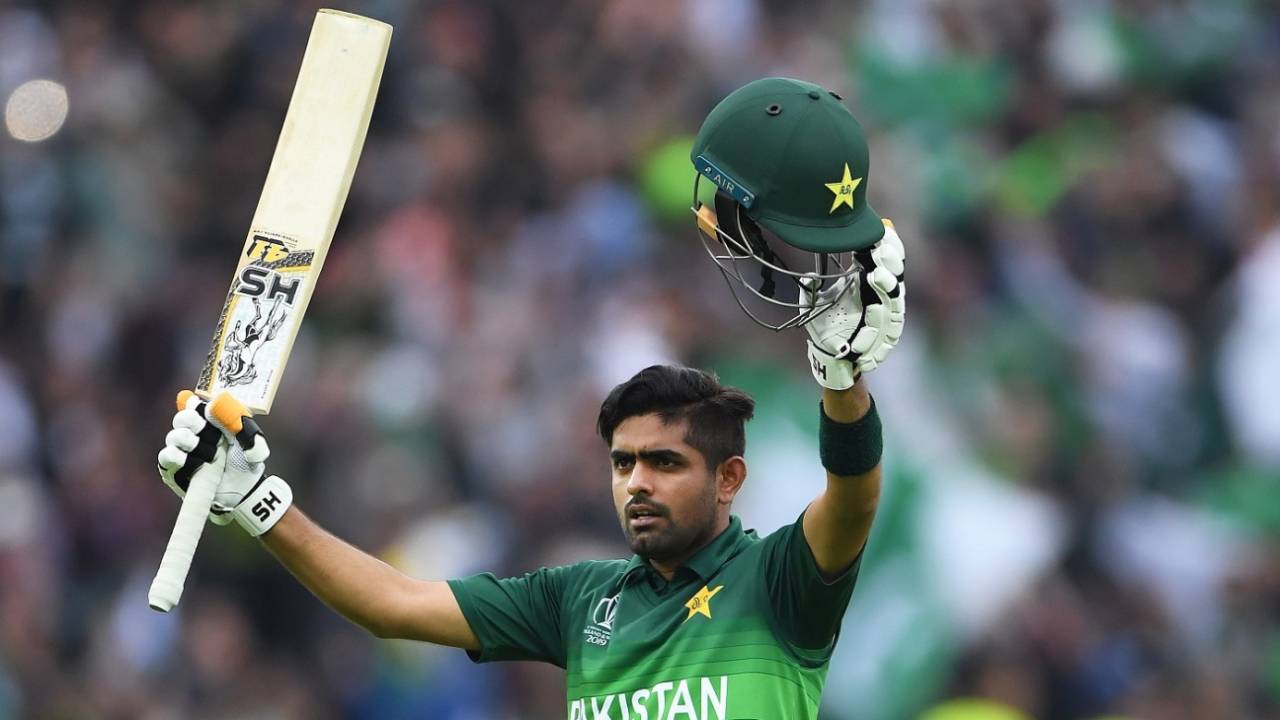 Babar Azam celebrates his century, New Zealand v Pakistan, World Cup 2019, Birmingham, June 26, 2019