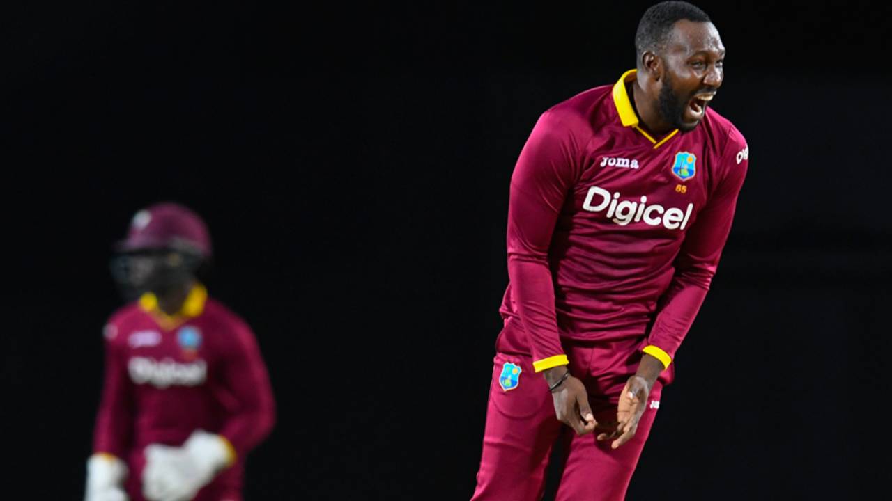 Kesrick Williams lets out a roar after completing a three-for, West Indies v Afghanistan, 3rd T20I, St Kitts, June 5, 2017