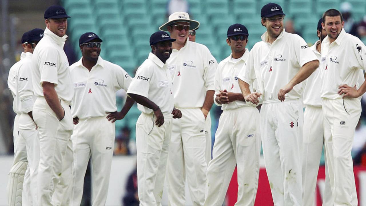 The ICC World XI players await the third-umpire's decision, Australia v World XI, Super Test, Sydney, 1st day, October 14, 2005