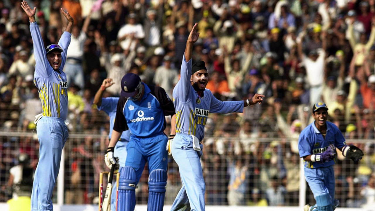 Harbhajan Singh appeals for Andrew Flintoff's wicket, India v England, 6th ODI, Mumbai, February 3, 2002