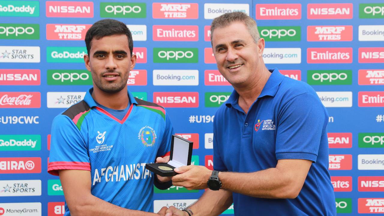 HD Ackerman presents Shafiqullah Ghafari with the Player-of-the-Match award, U19 World Cup, South Africa v Afghanistan, Willowmoore Park, Benoni, South Africa, February 05, 2020 in 