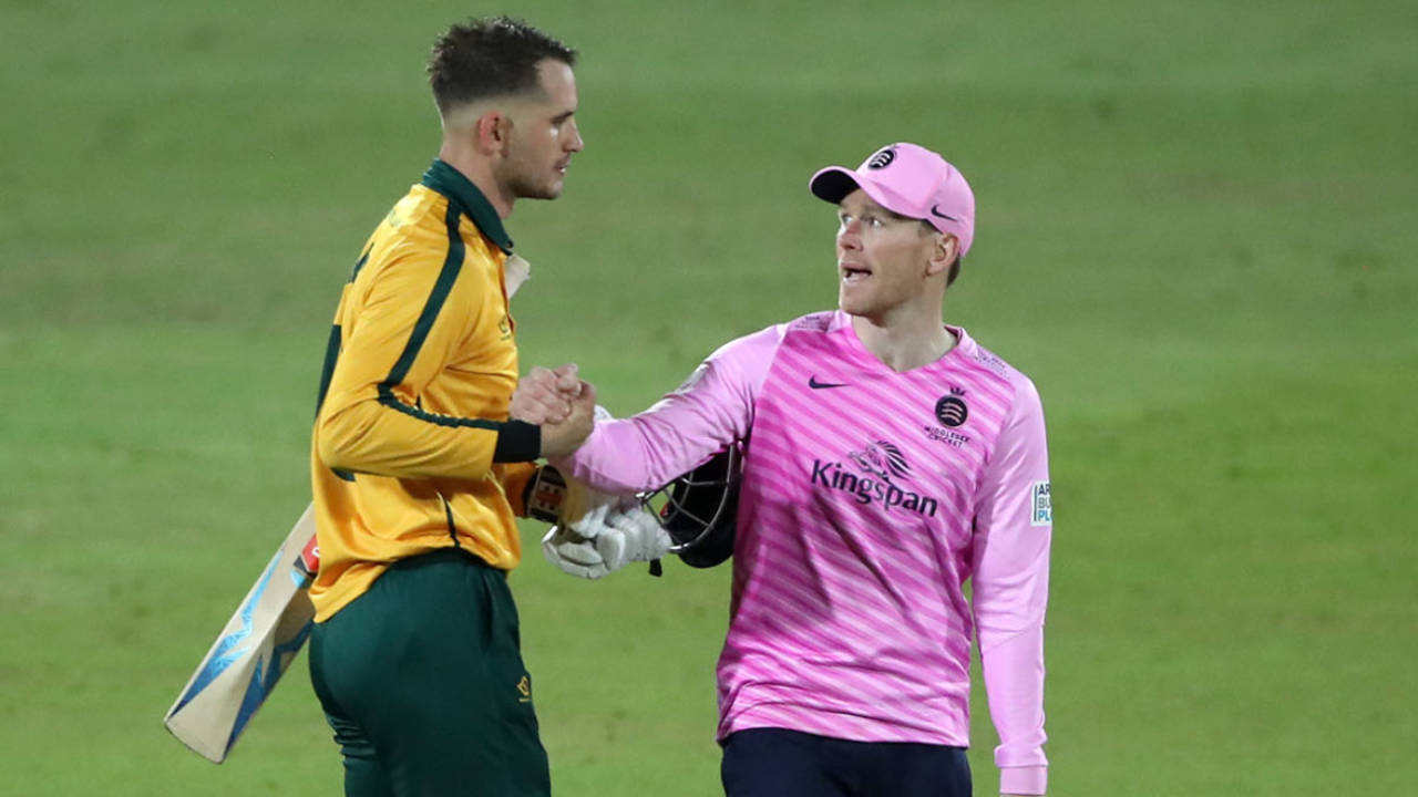 Eoin Morgan congratulates Alex Hales after his half-century in the T20 Blast quarter-final, Nottinghamshire vs Middlesex, Trent Bridge, September 5, 2019