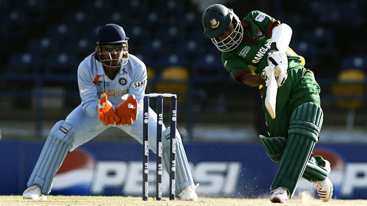 Mushfiqur Rahim on his way to an unbeaten 56, batting at No. 3, during Bangladesh's win over India at the 2007 World Cup&nbsp;&nbsp;&bull;&nbsp;&nbsp;Prakash Singh/AFP/Getty Images