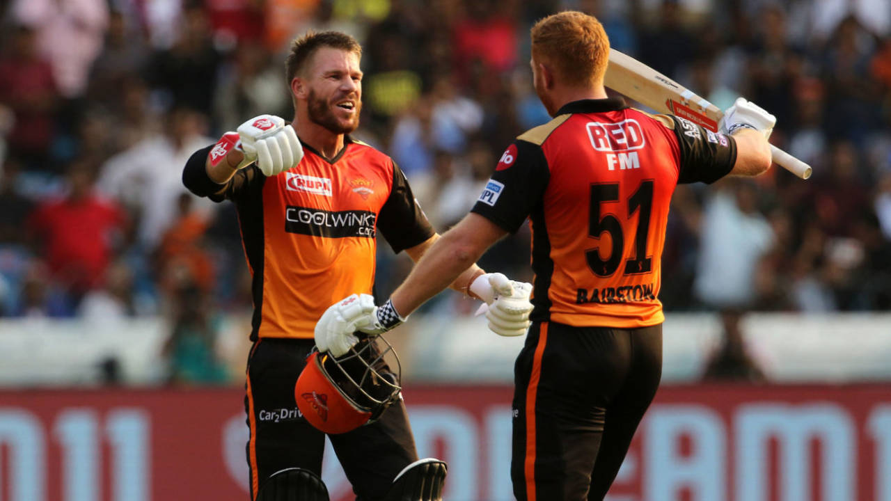 Jonny Bairstow and David Warner celebrate after Bairstow's hundred, Sunrisers Hyderabad v Royal Challengers Bangalore, IPL 2019, Hyderabad, March 31, 2019