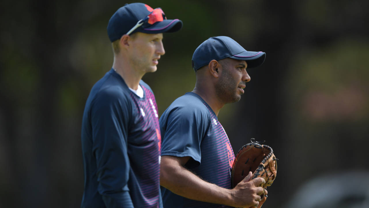 Joe Root chats to England's spin consultant Jeetan Patel, England nets, St George's Park, Port Elizabeth, South Africa, January 13, 2020