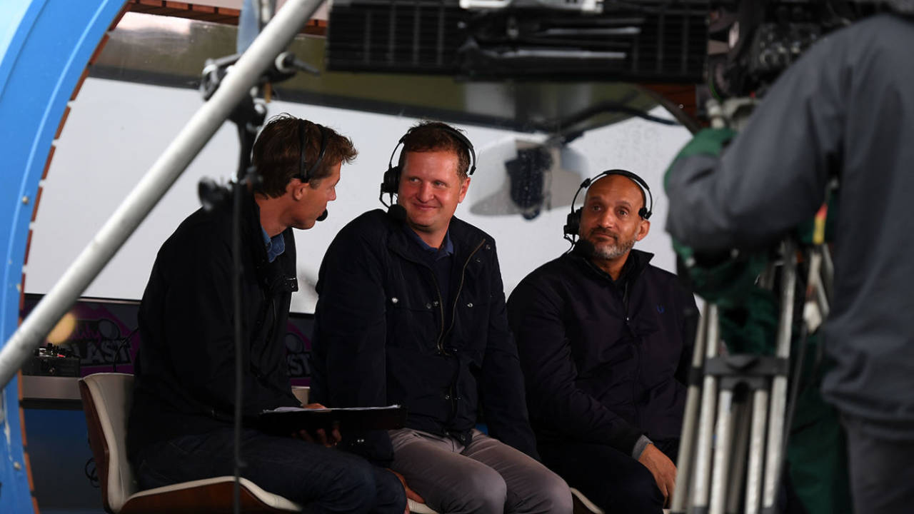 Nick Knight, Rob Key and Mark Butcher in the Sky commentary pod, Somerset v Notts, Vitality Blast quarter-final, Taunton, August 26, 2018