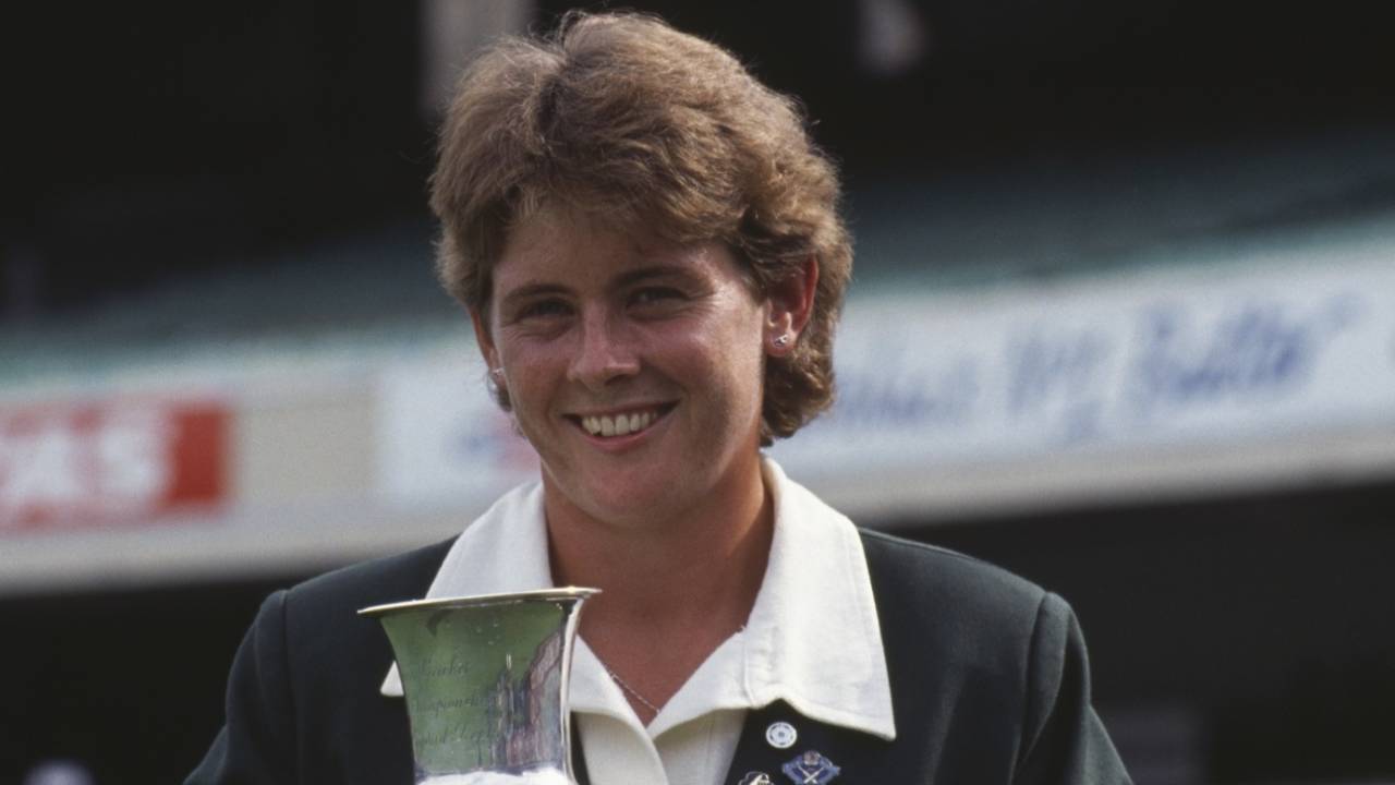 Lyn Larsen poses with the 1988 Women's World Cup trophy, Australia Women v England Women, Women's World Cup final, Melbourne, December 18, 1988