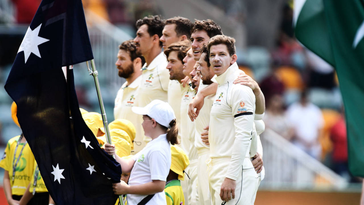 Tim Paine and his team-mates line up for the national anthems, Australia v Pakistan, 1st Test, Brisbane, November 21, 2019