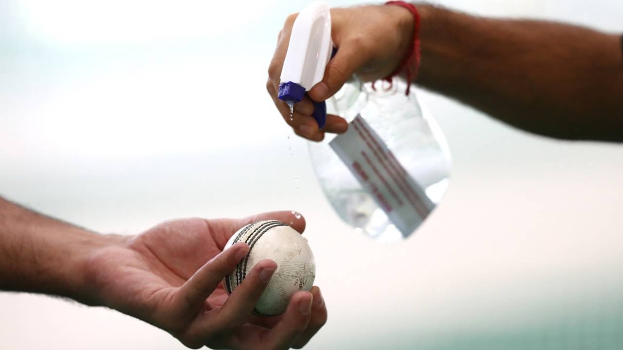 A cricket ball being disinfected during a UAE practice session, Dubai, June 9, 2020