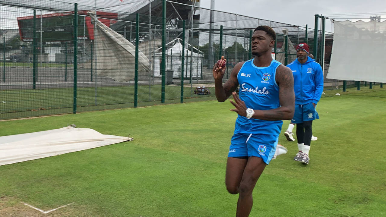 Alzarri Joseph bowls in the Old Trafford nets, Manchester, June 12, 2020