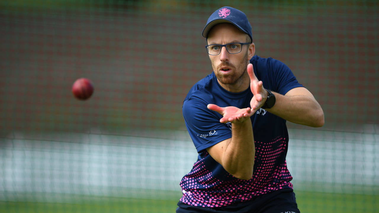 Jack Leach catches the ball in training, Taunton, June 15, 2020