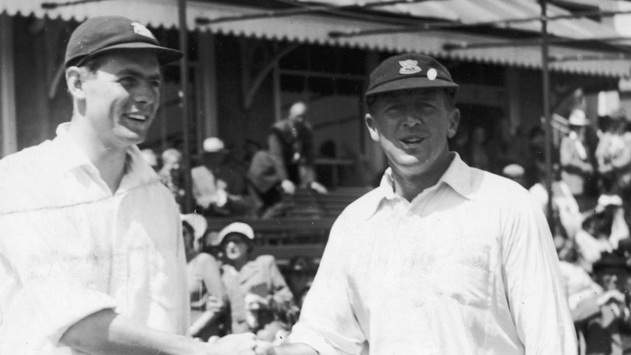 George Cox (right) congratulates David Sheppard on being awarded the England captaincy, June 25, 1954