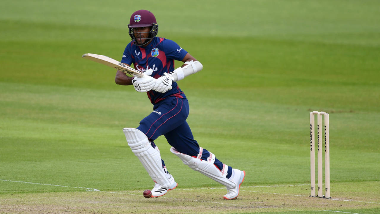 Kraigg Brathwaite sets off for a run en route to a half-century in the intra-squad warm-up, Old Trafford, Manchester, June 23, 2020