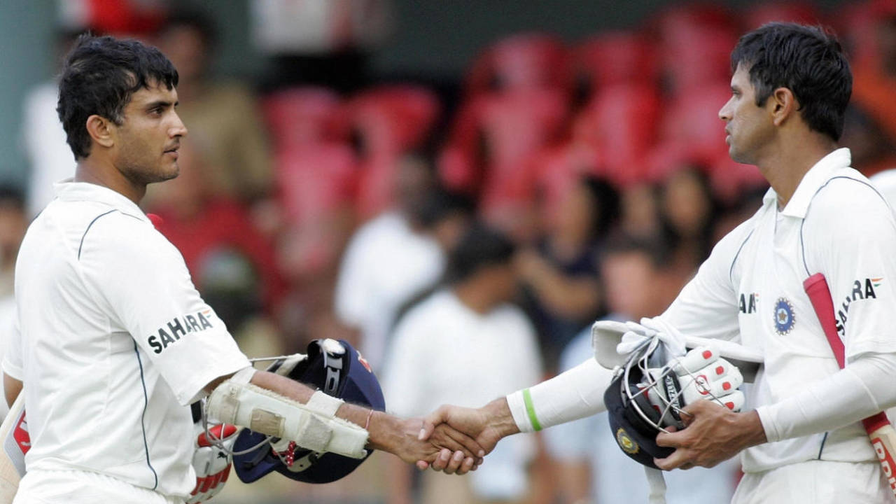 Sourav Ganguly and Rahul Dravid congratulate each other at the end of play, fourth day, third test, India v Pakistan, Chinnaswamy stadium, Bangalore, December 11, 2007