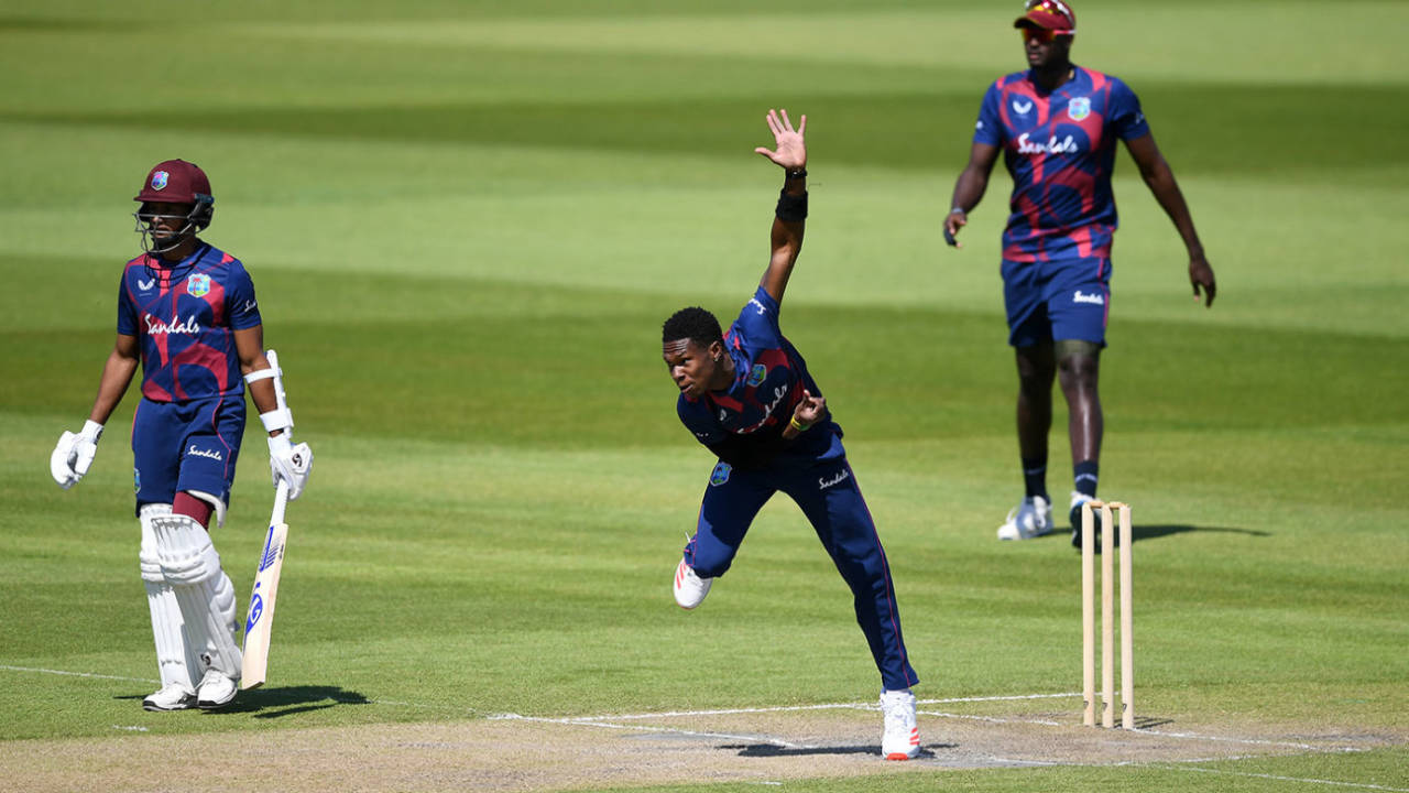 Keon Harding bowls during Windies' warm-up, Brathwaite XI v Holder XI, Old Trafford, 3rd day, June 25, 2020