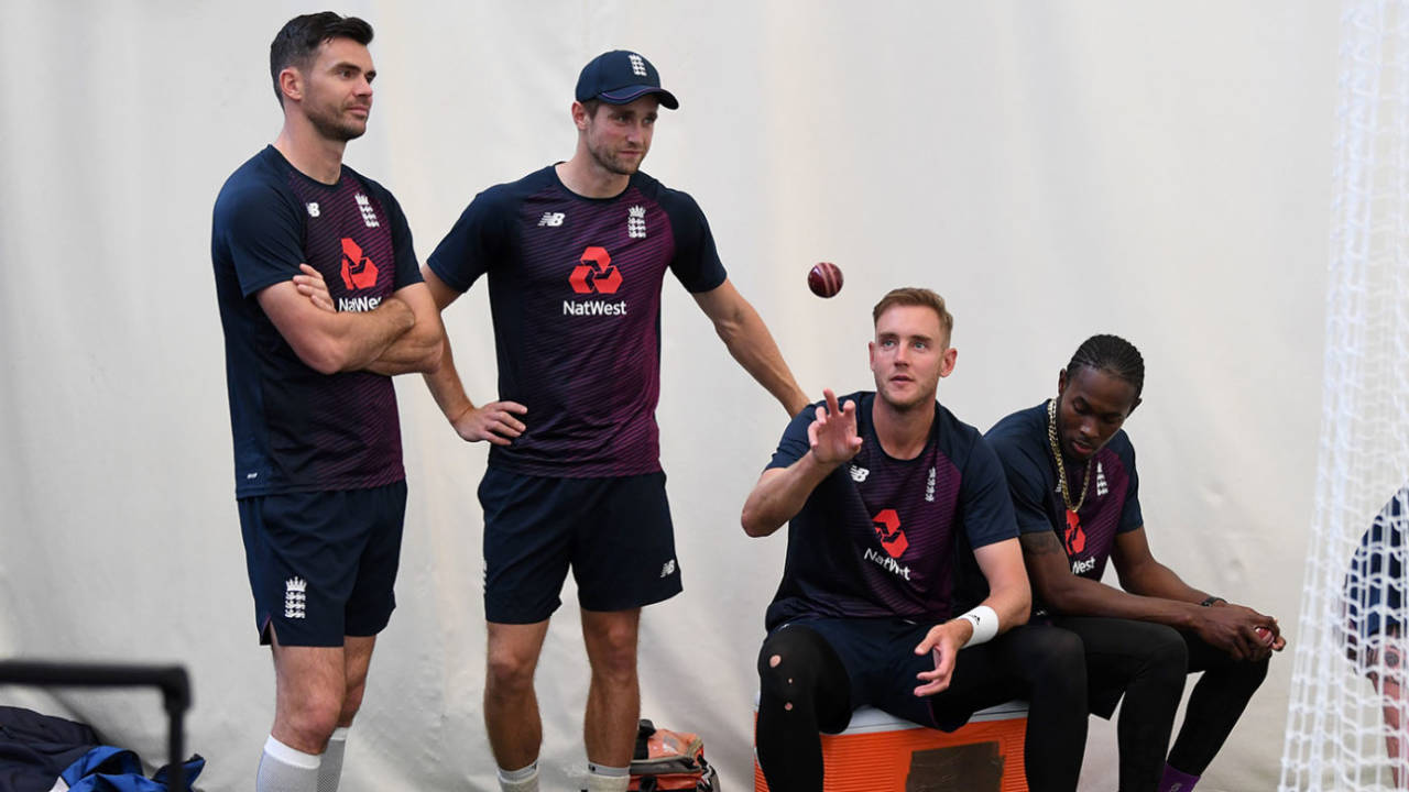 James Anderson, Chris Woakes, Stuart Broad and Jofra Archer at an England training session
