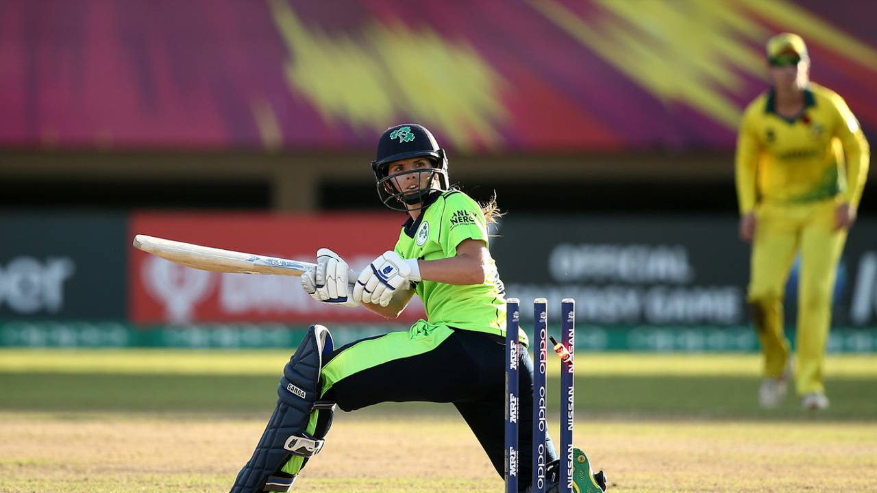 Eimear Richardson of Ireland is bowled, Ireland v Australia, ICC Women's World T20 2018, Providence, Guyana, November 11, 2018