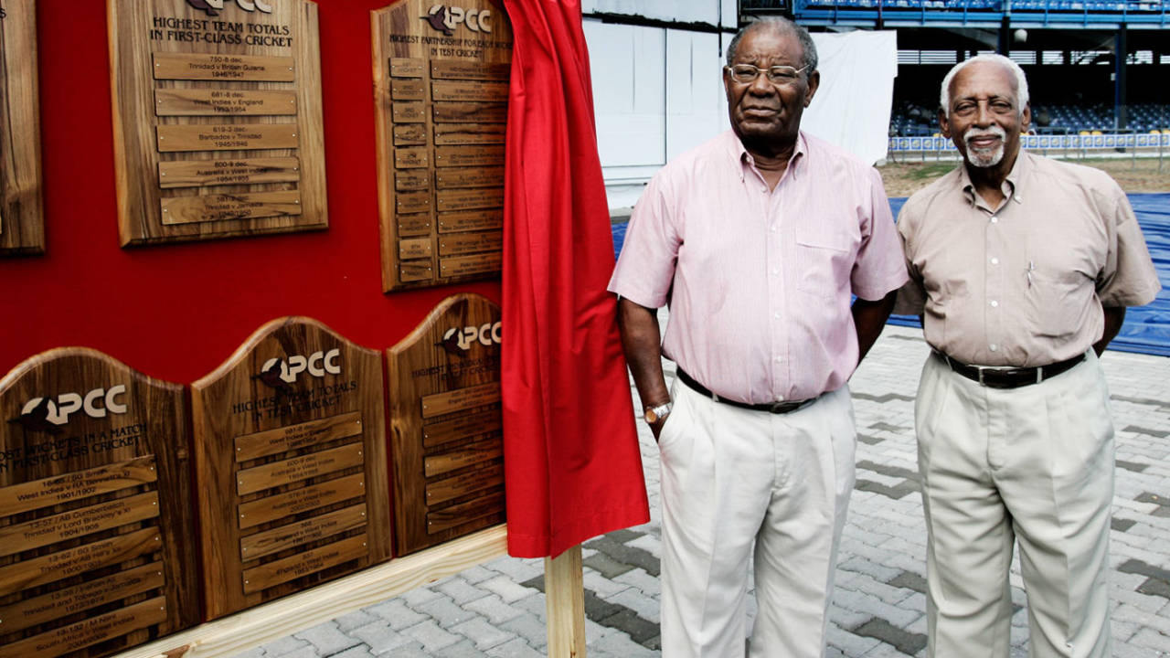 Sir Everton Weekes (left) and Andy Ganteaume stand in front of a display honouring Sir Frank Worrell during a ceremony in Port-of-Spain,  West Indies v Sri Lanka, 2nd Test, Trinidad, 3rd day, April 5, 2008 