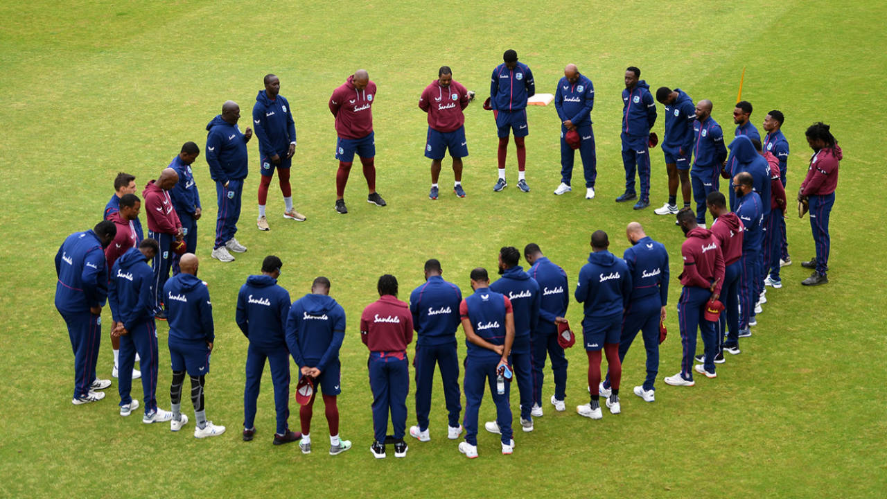 The West Indies team observes a minute's silence in memory of Sir Everton Weekes before the start of play on day four, intra-squad warm-up, Old Trafford, July 02, 2020