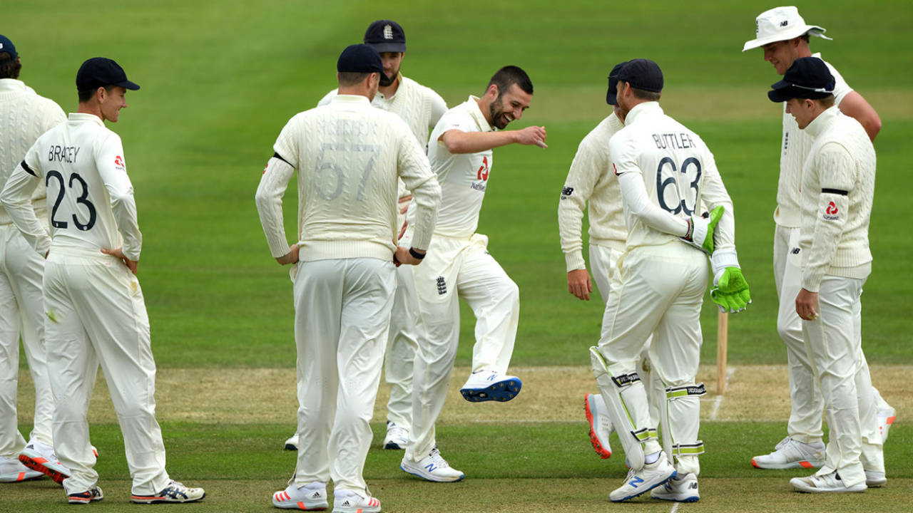 Mark Wood celebrates with team-mates after taking the wicket of Jonny Bairstow&nbsp;&nbsp;&bull;&nbsp;&nbsp;Stu Forster/Getty Images