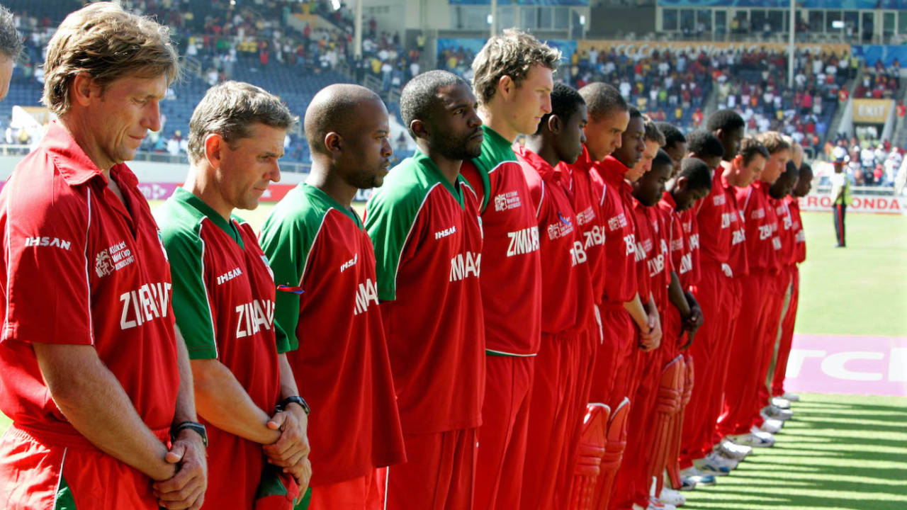 Zimbabwe players observe two minutes' silence before the start of the match, West Indies v Zimbabwe, group stage, 2007 World Cup, Sabina Park, Jamaica, March 19, 2007